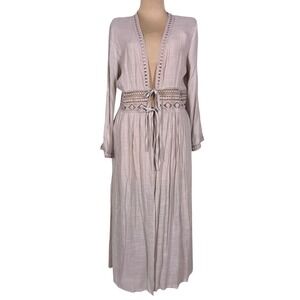 Rebellion Again Beige Lace Trimmed Tie Front Boho Kimono Duster Lrg Beach Cover